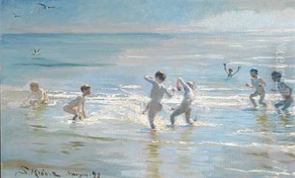 En Flok Drenge Ude I Det Solglitrende Vand Oil Painting by Peder Severin Kroyer