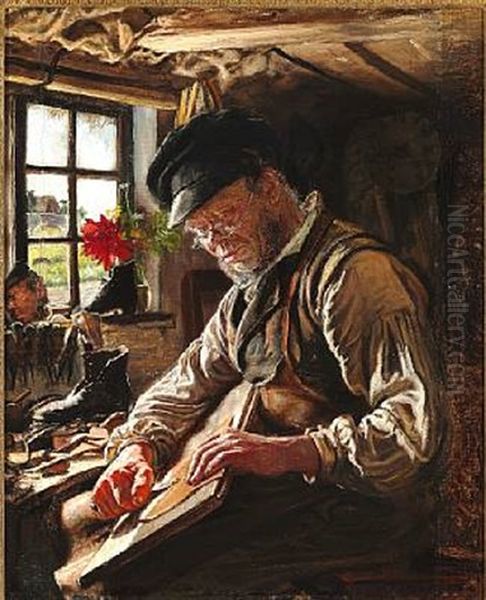 Skomager I Arildsleje; Siddende Ifaerd Med At Skaere Et Stykke Laeder Til Oil Painting by Peder Severin Kroyer