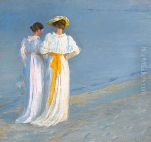 Anna Ancher And Marie Kroyer On The Beach At Skagen Oil Painting by Peder Severin Kroyer