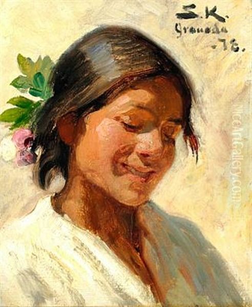 Rafaela - Brystbillede Af En Ung Spanierinde Med Blomster I Haaret - Granada (portrait Of A Spanish Girl, Rafaela, With Flowers In Her Hair) Oil Painting by Peder Severin Kroyer