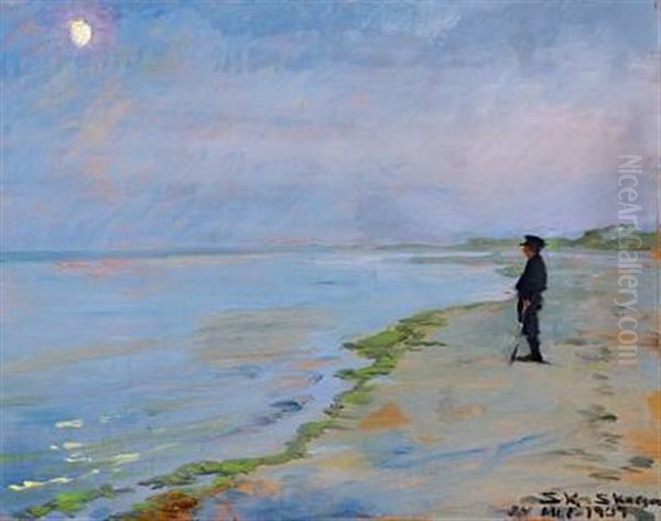 L'heure Bleu In Skagen With Moonlight And A Man On The Beach Oil Painting by Peder Severin Kroyer