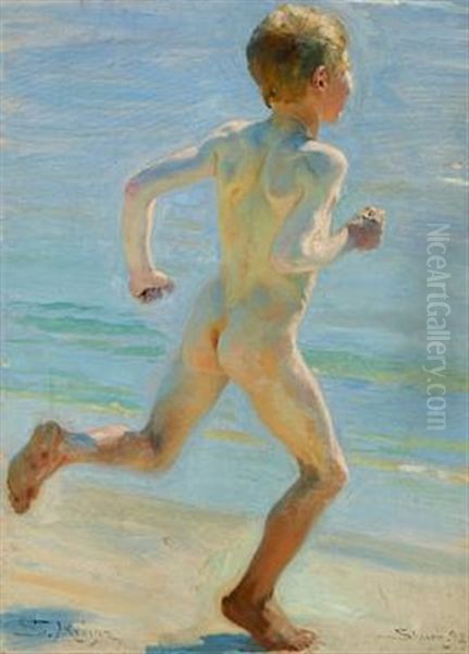 Nogen Dreng, Set Fra Hojre Side I Lob Paa Sandet Ud Mod Vandet (study For Badende Drenge) Oil Painting by Peder Severin Kroyer