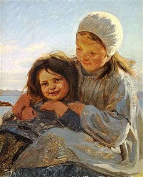 To Smaapiger, Den Mindste Barhovedet, Den Storre Med Hvid Kappe Paa Hovedet Oil Painting by Peder Severin Kroyer