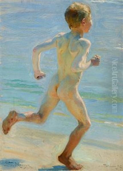 Nogen Dreng, Set Fra Hojre Side I Lob Paa Sandet Ud Mod Vandet (preparatory Study For Badende Drenge) Oil Painting by Peder Severin Kroyer