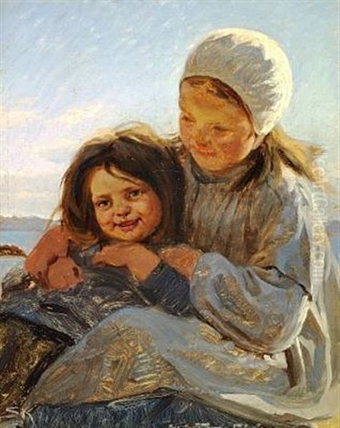 Sodskende. To Smaapiger, Den Mindste Barhovedet, Den Storre Med Hvid Kappe Paa Hovedet. Siddende Figurer I Solskin. I Baggrunden Hav Og Klipper by Peder Severin Kroyer