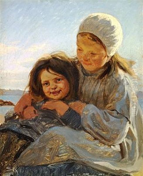 Sodskende. To Smaapiger, Den Mindste Barhovedet, Den Storre Med Hvid Kappe Paa Hovedet Oil Painting by Peder Severin Kroyer