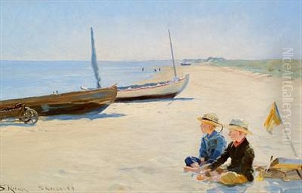 Two Boys Sitting In The Sunshine On Skagen Beach Oil Painting by Peder Severin Kroyer