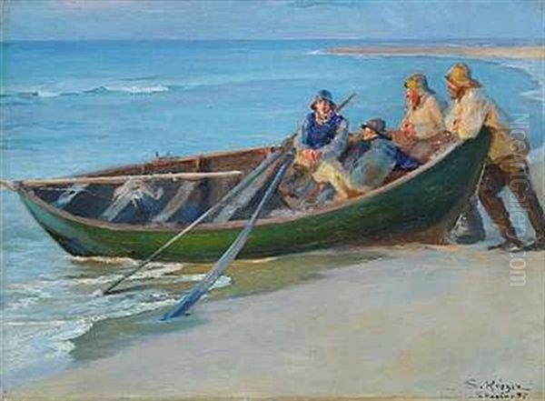 Skagen Nordstrand. En Gron Baad I Strandkanten. To Fiskere Sidde I Baaden, To Laene Sig Frem Til Dens Raeling Oil Painting by Peder Severin Kroyer