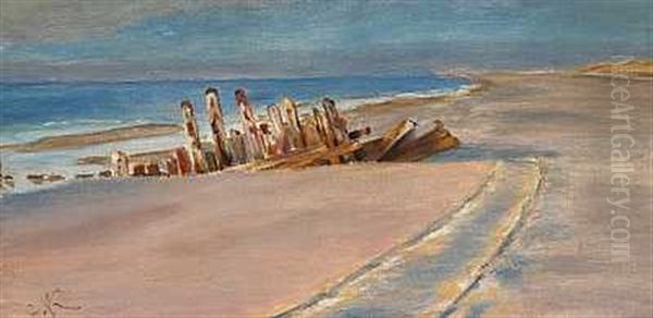 Vrag Pa Skagen Nordstrand. Dybe Hjulspor I Sandet Oil Painting by Peder Severin Kroyer