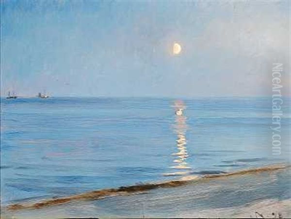 Aftenstemning Pa Skagen Strand. Manelys Oil Painting by Peder Severin Kroyer