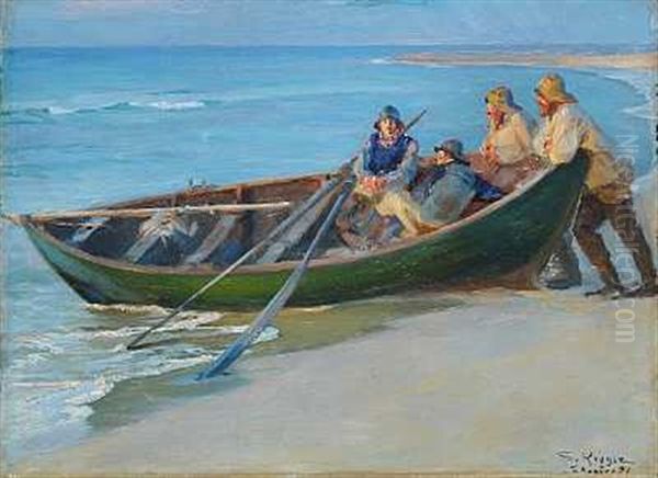 Skagen Nordstrand. En Gron Baad I Strandkanten. To Fiskere Sidde I Baaden, To Laene Sig Frem Til Dens Raeling Oil Painting by Peder Severin Kroyer