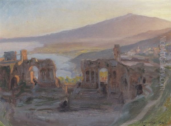 Aftenlandskab Ved Det Antikke Teater I Taormina Med Udsigt Over Aetna Og Golfen Oil Painting by Peder Severin Kroyer