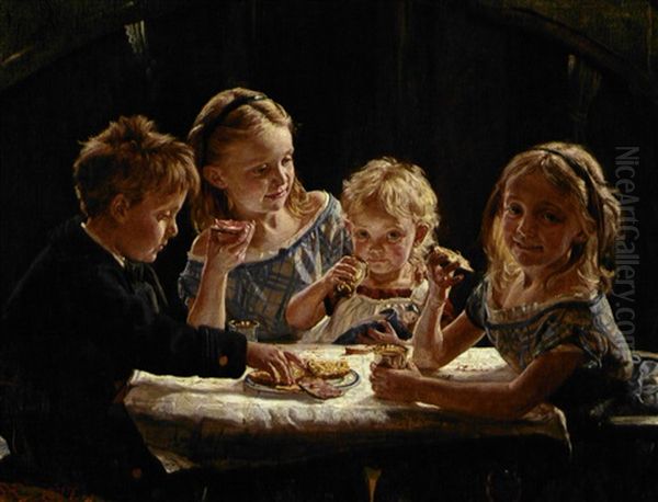 Bornegruppe. Portraeter Af Fire Born Ved Frokosten: Rigmor, Ingrid Regnar Og Astrid Kjaer Oil Painting by Peder Severin Kroyer