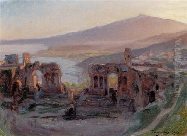 Aftenlandskab Ved Det Antikke Teater I Taormina Med Udsigt Over Aetna Og Golfen Oil Painting by Peder Severin Kroyer