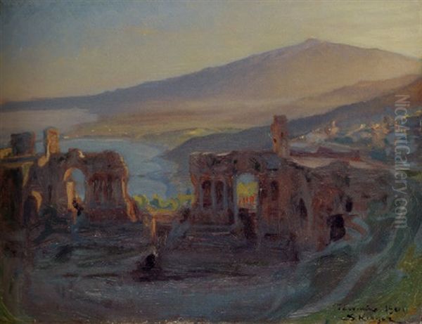 The Greek Theatre, Taormina With Mount Etna In The Distance Oil Painting by Peder Severin Kroyer