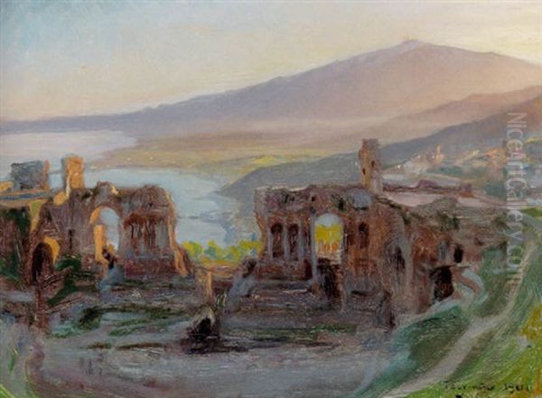 Aftenlandskab Ved Det Antikke Teater I Taormina Med Udsigt Over Aetna Og Golfen Oil Painting by Peder Severin Kroyer