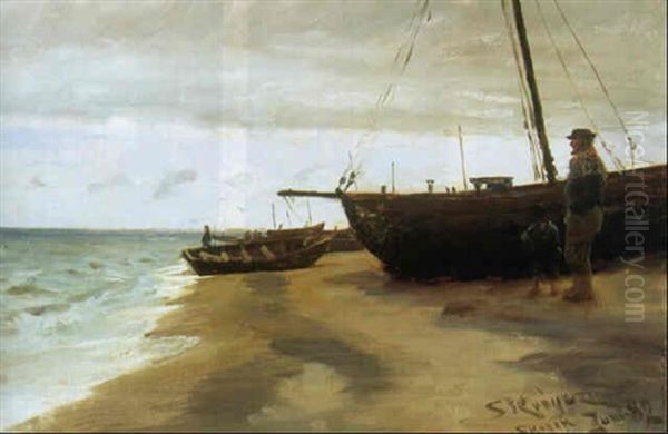 Kystparti Med Fiskerbade Og Fiskere Pa Skagen Strand Oil Painting by Peder Severin Kroyer