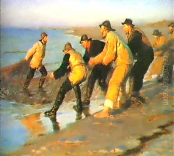 Fiskere Traekke Vad Pa Skagensnordstrand. Sildig Eftermiddag Oil Painting by Peder Severin Kroyer