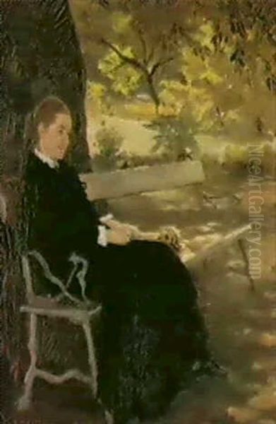 A Lady Seated On A Park Bench Oil Painting by Peder Severin Kroyer