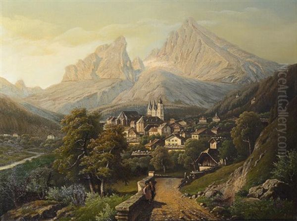 Village Au Pied D'une Montagne Oil Painting by Julius Kruchen