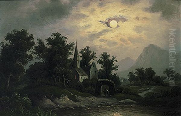 Mondscheinlandschaft Mit Weiher, Romantischem Kirchlein Zwischen Busch- Und Baumwerk Und Berghintergrund Oil Painting by Julius Kruchen