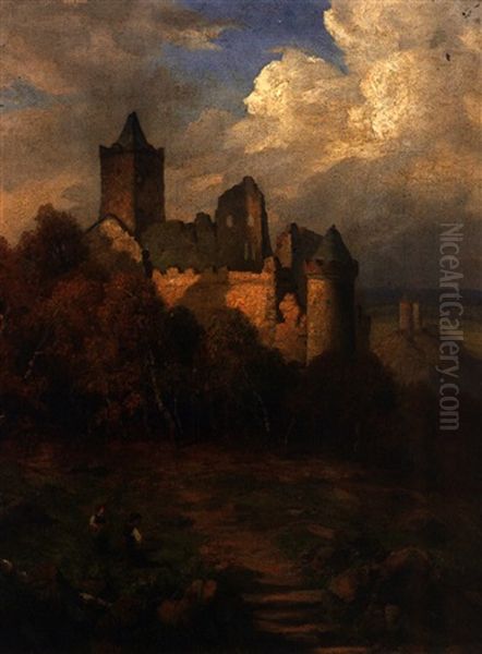 Burgruine Im Sonnigen Licht Mit Figurenstaffage Oil Painting by Julius Kruchen