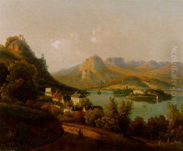 Blick Uber Den Rhein Mit Rolandsbogen Links, Nonnenwerth Und Dem Siebengebirge Am Gegenseitigen Ufer Oil Painting by Julius Kruchen