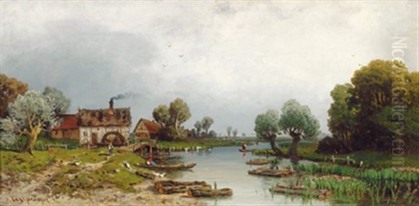 Flusslandschaft Mit Gansen Oil Painting by Carl (Johann Heinrich) Kruger