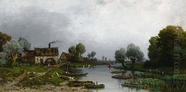 Bauern Am Fluss Oil Painting by Carl (Johann Heinrich) Kruger