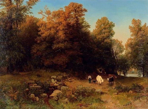 Markische Waldpartie Mit Kleinem Kuhhirt Beim Heimtrieb Oil Painting by Carl (Johann Heinrich) Kruger