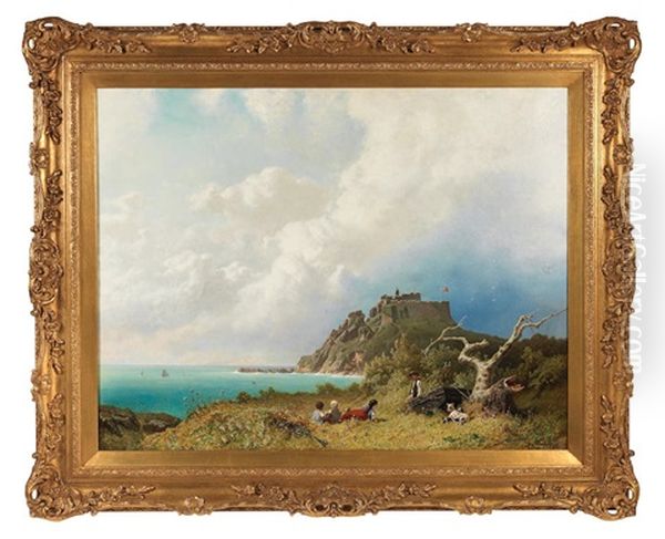 Coastal Scene With Figures, A Castle Beyond Oil Painting by Eugen Krueger