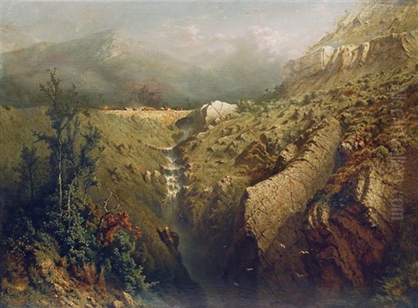 Mountain Landscape With Waterfall Oil Painting by Eugen Krueger