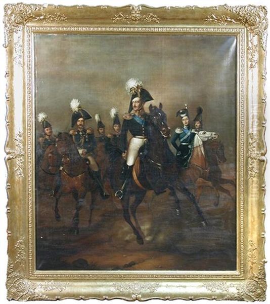 Cavalry Study Of Tsar Nicholas I Of Russia, With His Brother, The Grand Duke Michael, The Tsarevich Alexander And Prince Wolkonsky, On Chargers In A Landscape Oil Painting by Franz Krueger