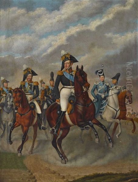 Zar Nikolaus I. Von Russland Mit Grosfurst Michael, Dem Thronfolger Alexander, Furst Wolkonski Und Seinem Stab Oil Painting by Franz Krueger