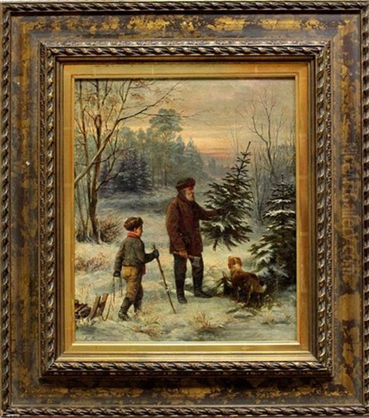 Winterlandschaft In Der Abendrote Mit Vater Und Sohn Beim Fallen Des Weihnachtsbaums Oil Painting by Franz Krueger