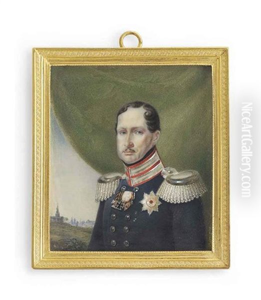 Frederick William Iii (1770-1840), King Of Prussia 1797-1840, In Double-breasted Blue Uniform With Silver-braided Scarlet Collar And Silver Epaulettes Oil Painting by Franz Krueger