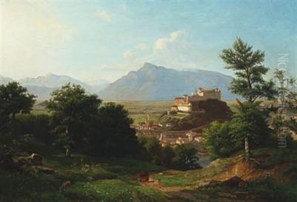 Mountain Scenery With A Castle, Salzburg Oil Painting by Franz Krueger