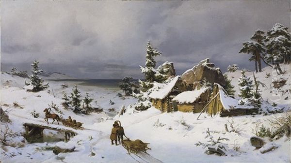 Tief Verschneite Russische Landschaft An Einem Seeufer Oil Painting by Franz Krueger