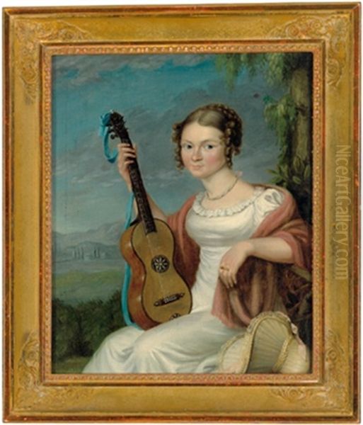 Junge Dame Mit Einer Gitarre In Einer Landschaft Sitzend Oil Painting by Franz Krueger