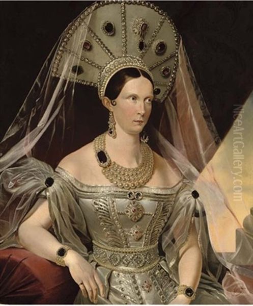 Portrait Of Empress Alexandra Feodorovna, Nee Princess Charlotte Of Prussia, Wife Of Emperor Nicholas I Oil Painting by Franz Krueger