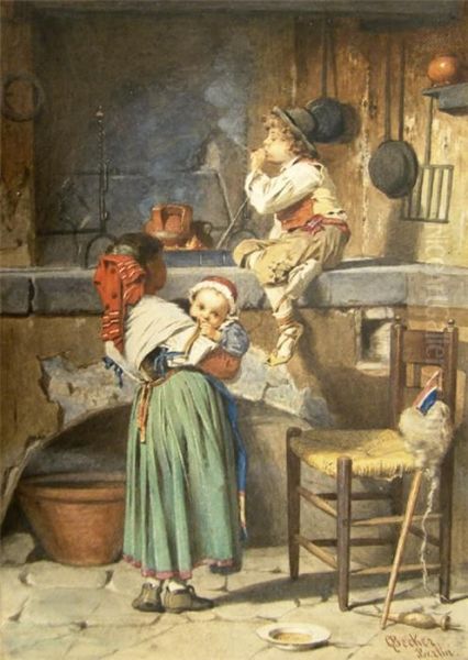 Italienisches Kucheninterieur Mit Kindern Und Jungen Beim Rauchen Oil Painting by Q. Becker