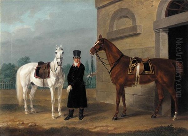 Two Saddled Mounts: A Dapple Grey And A Chestnut Horse With A Liveried Stable-hand Oil Painting by Franz Krueger