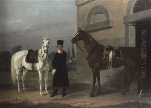 Zwei Gesattelte Reitpferde, Fuchs Und Schimmel Mit Einem Livrierten Reitknecht Oil Painting by Franz Krueger