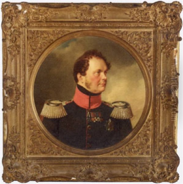 Portrait Of King Friedrich Wilhelm Iv In Military Uniform Oil Painting by Franz Krueger