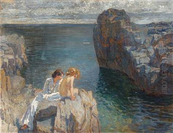 A Mother And Her Daughter Sitting In The Sun On The Rocks, Bornholm Oil Painting by Ferdinand Kruis