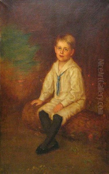 A Portrait Of A Boy, Full-length, Seated In A Landscape Oil Painting by Otto Von Krumhaar