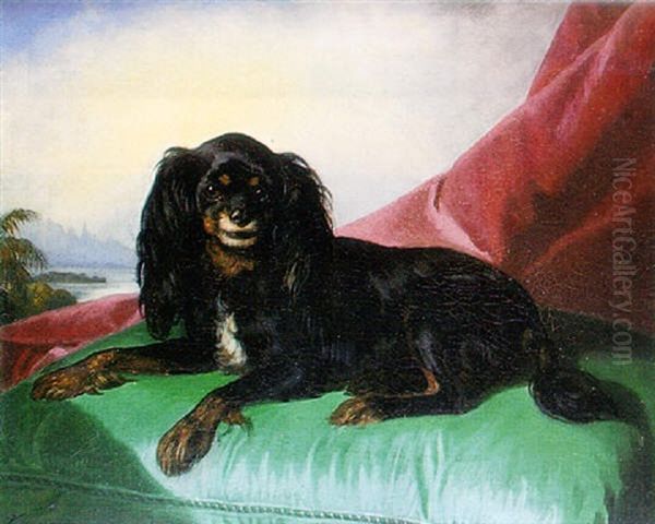 A King Charles Spaniel On A Green Cushion, A Landscape Beyond Oil Painting by Ferdinand Krumholz