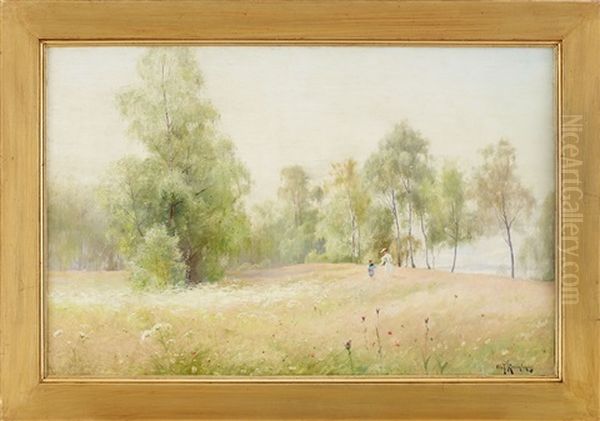 Mor Och Barn I Blommande Ang Oil Painting by Olof Krumlinde