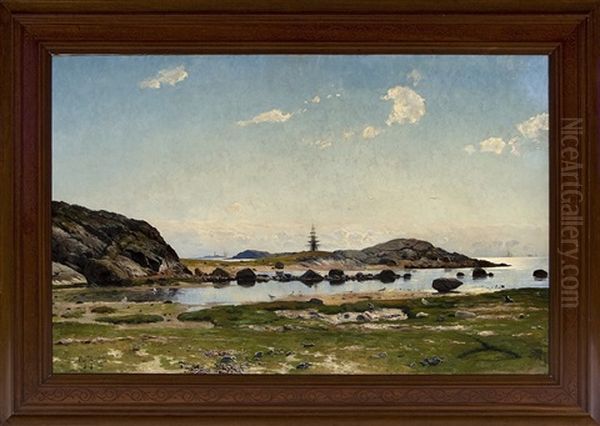 Klippigt Kustlandskap Vid Varberg Med Segelfartyg Och Fyrtorn Oil Painting by Olof Krumlinde