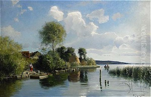 Solbelyst Kustlandskap Oil Painting by Olof Krumlinde